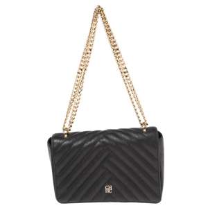 Pre Owned CH Carolina Herrera Black Quilted Leather Flap Chain Shoulder Bag