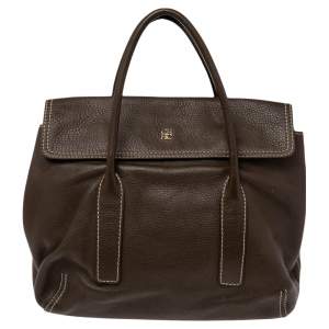 Pre Owned CH Carolina Herrera Brown Pebbled Leather Flap Satchel