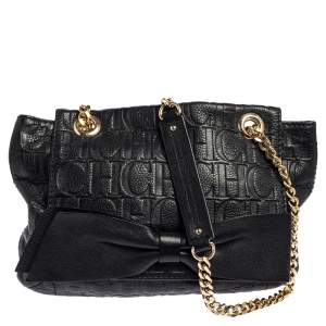 Pre Owned CH Carolina Herrera Black Monogram Leather Audrey Shoulder Bag