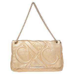 Pre Owned CH Carolina Herrera Metallic Gold Embossed Leather Metal Flap Shoulder Bag