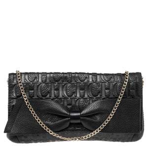 Pre Owned CH Carolina Herrera Black Monogram Leather Bow Chain Clutch