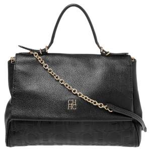 Pre Owned CH Carolina Herrera Black Monogram Embossed Leather Minuetto Top Handle Bag