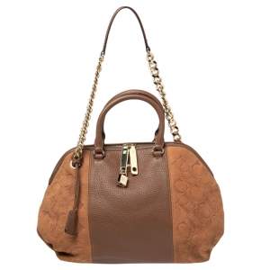 Pre Owned CH Carolina Herrera Brown Monogram Suede and Leather Dome Satchel