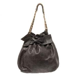 Pre Owned CH Carolina Herrera Dark Brown Embossed Leather Bow Bucket Bag
