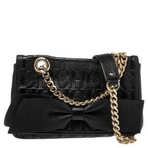 Pre Owned CH Carolina Herrera Black Monogram Embossed Leather  Mini Audrey Shoulder Bag