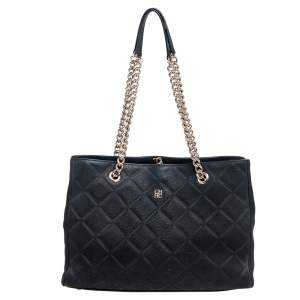 Pre Owned CH Carolina Herrera Black Quilted Nubuck Leather Chain Shopper Tote