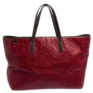 Pre Owned CH Carolina Herrera Burgundy Monogram Leather Shopper Tote