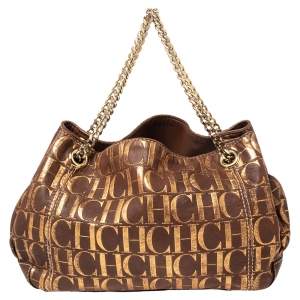Pre Owned Carolina Herrera Brown/Metallic Gold Monogram Leather Chain Shoulder Bag
