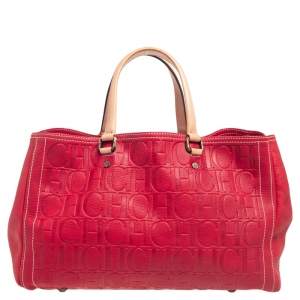 Pre Owned CH Carolina Herrera Red Monogram Embossed Leather Andy Tote