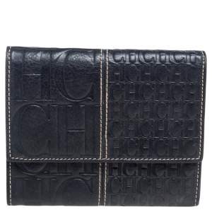 Pre Owned CH Carolina Herrera Black Monogram Embossed Leather Trifold Wallet