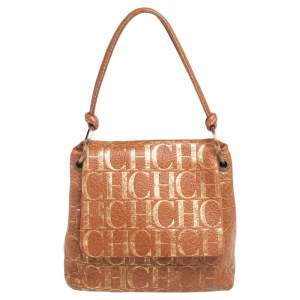 Pre Owned CH Carolina Herrera Brown/Gold CH Embossed Leather Flap Shoulder Bag