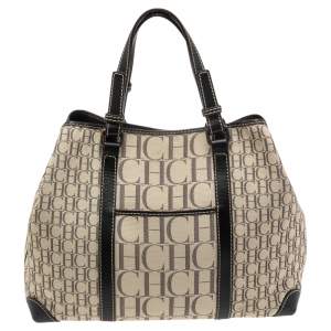 Pre Owned CH Carolina Herrera Dark Brown/Cream Canvas and Leather Monogram Shopper Tote