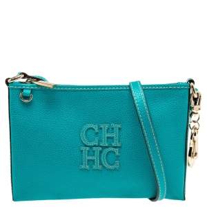 Pre Owned Carolina Herrera Turquoise Blue Leather Crossbody Bag