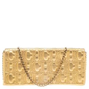 Pre Owned CH Carolina Herrera Gold Monogram Leather Clutch