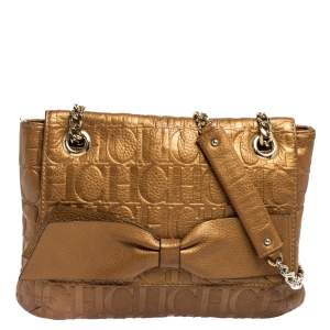 Pre Owned CH Carolina Herrera Gold Monogram Leather Audrey Shoulder Bag