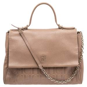 Pre Owned CH Carolina Herrera Beige Monogram Embossed Leather Minuetto Top Handle Bag