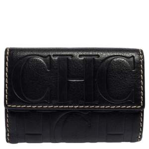Pre Owned Carolina Herrera Navy Blue Monogram Leather Flap Compact Wallet