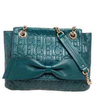 CH Carolina Herrera Green Monogram Leather Audrey Shoulder Bag