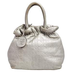 Pre Owned Carolina Herrera Metallic Grey Monogram Leather Bucket Bag
