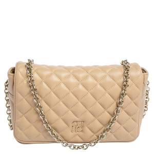 Pre Owned CH Carolina Herrera Beige Quilted Leather Flap Chain Shoulder Bag