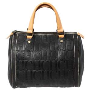 Pre Owned CH Carolina Herrera Black Embossed Leather Andy Boston Bag