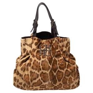 Pre Owned CH Carolina Herrera Brown/Beige Leopard Print Calfhair Pleated Logo Shoulder Bag