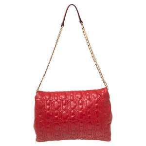 Pre Owned CH Carolina Herrera Red Monogram Leather Flap Chain Shoulder Bag 