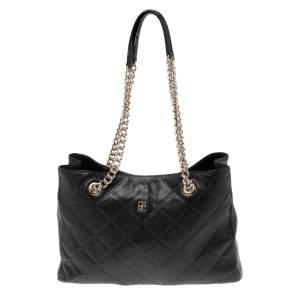 Pre Owned CH Carolina Herrera Black Quilt Pattern Leather Chain Shopper Tote