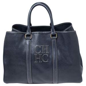 Pre Owned CH Carolina Herrera Navy Blue Grained Leather Matteo Tote