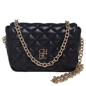 Pre Owned CH Carolina Herrera Black Quilted Leather Flap Chain Shoulder Bag