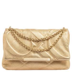 Pre Owned CH Carolina Herrera Gold Quilted Leather Flap Chain Shoulder Bag