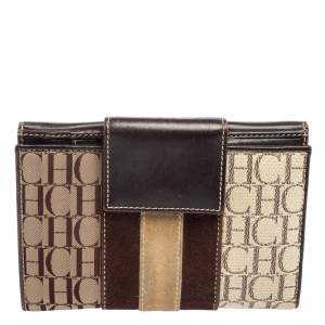Pre Owned CH Carolina Herrera Monogram Canvas, Suede and Leather Flap French Wallet