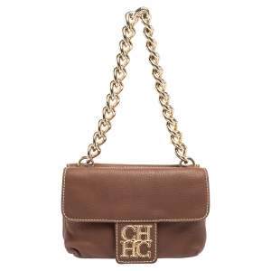 Pre Owned CH Carolina Herrera Brown Leather Double Flap Chain Bag
