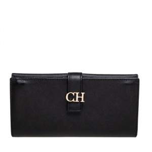 Pre Owned CH Carolina Herrera Black Leather CH Logo Flap French Continental Wallet