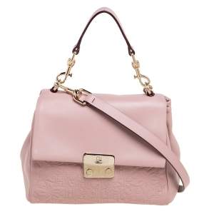 Pre Owned CH Carolina Herrera Light Pink Embossed Leather Flap Top Handle Bag