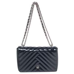 Pre Owned CH Carolina Herrera Dark Blue Chevron Patent Leather Bimba Chain Flap Shoulder Bag