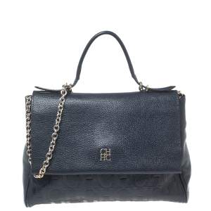 Pre Owned CH Carolina Herrera Navy Blue Leather Minuetto Flap Top Handle Bag
