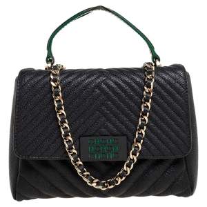 Pre Owned CH Carolina Herrera Black Chevron Leather Chain Flap Shoulder Bag