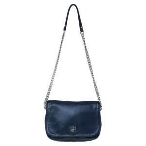 Pre Owned CH Carolina Herrera Navy Blue Leather Chain Flap Shoulder Bag