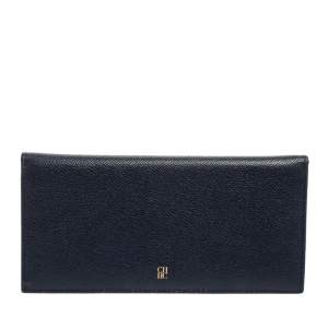 Pre Owned CH Carolina Herrera Navy Blue Leather Flap Bifold Continental Wallet