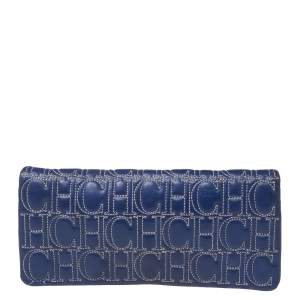 Pre Owned CH Carolina Herrera Blue Leather Monogram Embroidered Flap Clutch