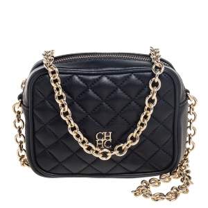 Pre Owned CH Carolina Herrera Black Quilted Leather Logo Crossbody Bag