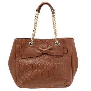Pre Owned CH Carolina Herrera Brown Monogram Embossed Leather Audrey Tote