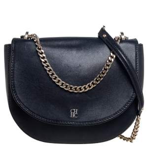 Pre Owned CH Carolina Herrera Navy Blue Leather Chain Flap Shoulder Bag