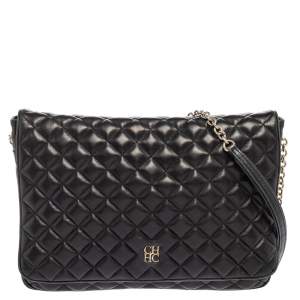 Pre Owned CH Carolina Herrera Black Quilted Leather Flap Chain Shoulder Bag