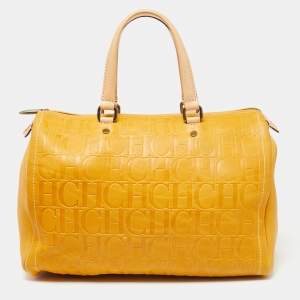 Pre Owned CH Carolina Herrera Mustard Monogram Embossed Leather Large Andy Boston Bag