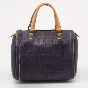 CH Carolina Herrera Dark Purple/Brown Monogram Embossed Leather Andy Boston Bag
