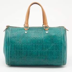 CH Carolina Herrera Green/Brown Monogram Embossed Leather Andy Boston Bag
