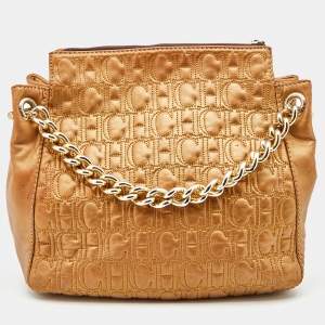 Pre Owned CH Carolina Herrera Metallic Gold Quilted Monogram Satchel