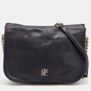 Pre Owned CH Carolina Herrera Black Leather Chain Flap Shoulder Bag